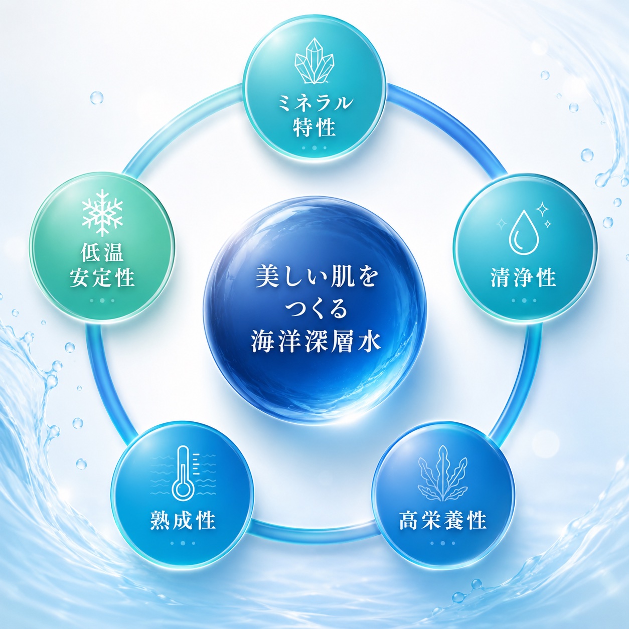 美しい肌をつくる海洋深層水の5大特性：ミネラル特性・清浄性・高栄養性・熟成性・低温安定性